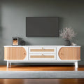Farmhouse Rattan Drawer TV Stand with Solid Wood Legs Ribbed Doors