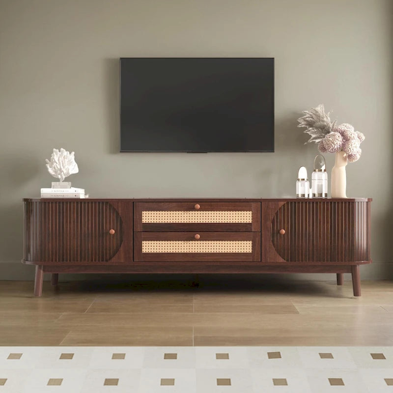 Farmhouse Rattan Drawer TV Stand with Solid Wood Legs Ribbed Doors
