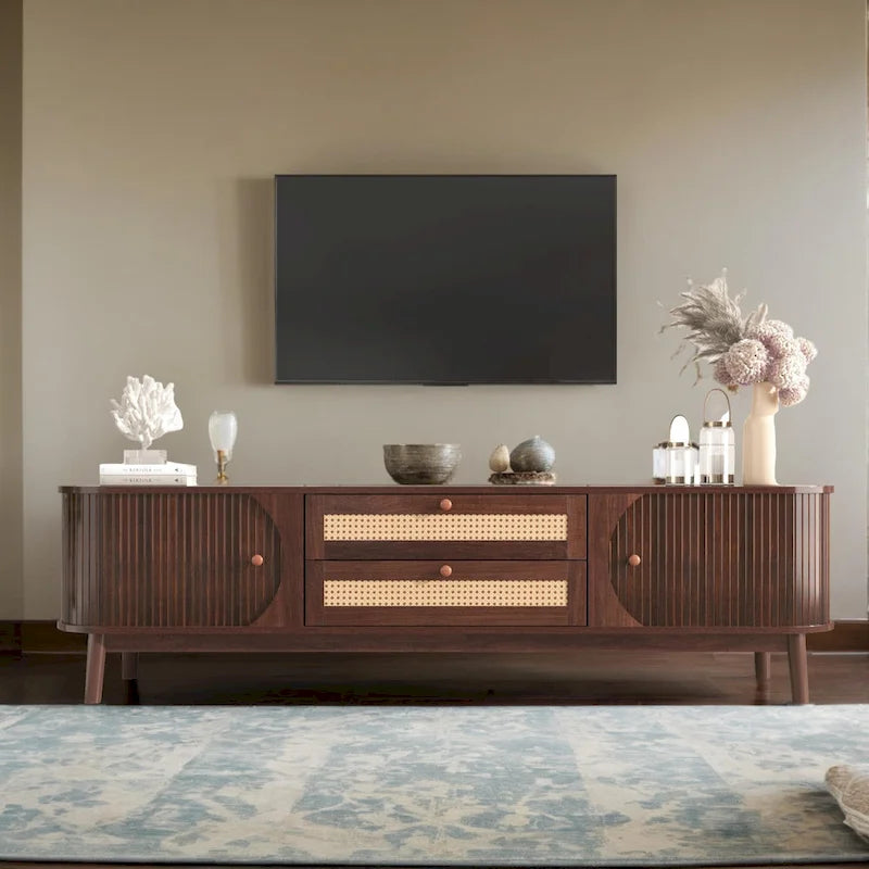 Farmhouse Rattan Drawer TV Stand with Solid Wood Legs Ribbed Doors