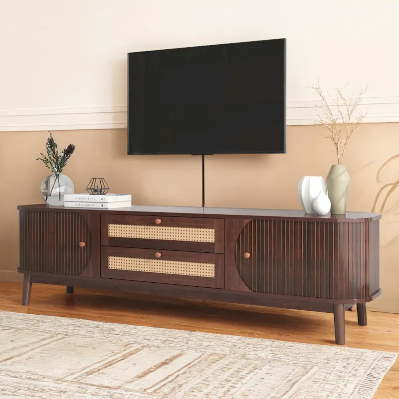 Farmhouse Rattan Drawer TV Stand with Solid Wood Legs Ribbed Doors