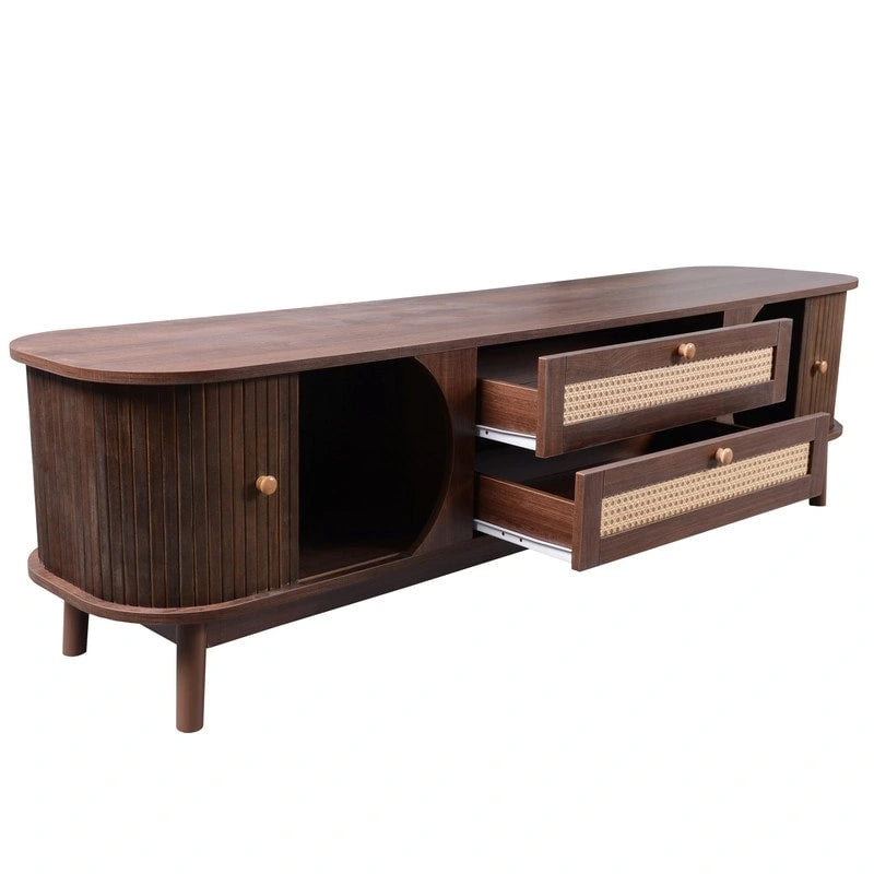 Farmhouse Rattan Drawer TV Stand with Solid Wood Legs Ribbed Doors