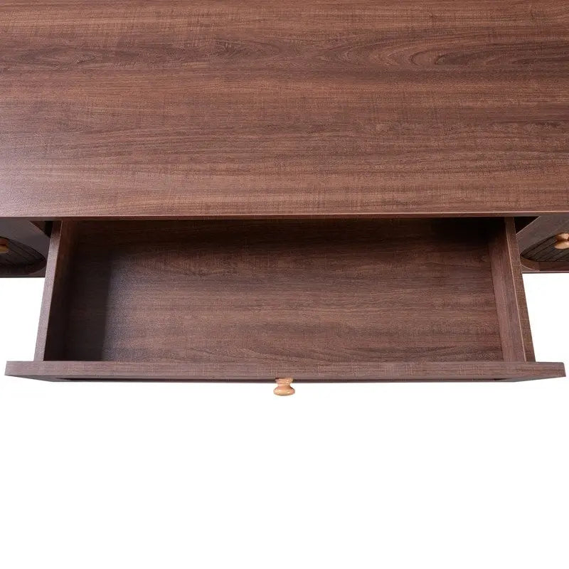 Farmhouse Rattan Drawer TV Stand with Solid Wood Legs Ribbed Doors