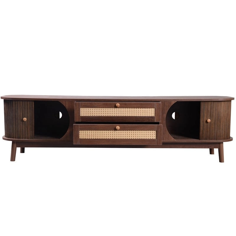 Farmhouse Rattan Drawer TV Stand with Solid Wood Legs Ribbed Doors