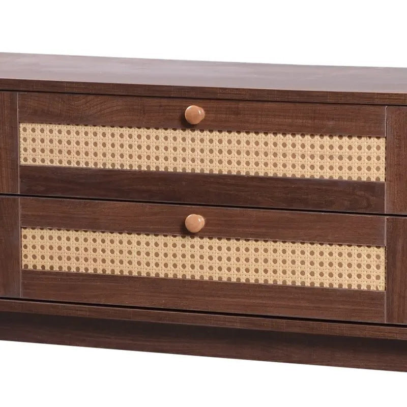 Farmhouse Rattan Drawer TV Stand with Solid Wood Legs Ribbed Doors
