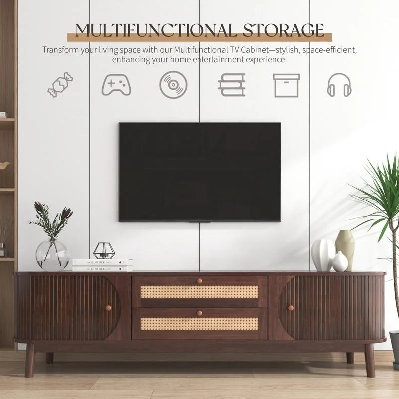 Farmhouse Rattan Drawer TV Stand with Solid Wood Legs Ribbed Doors