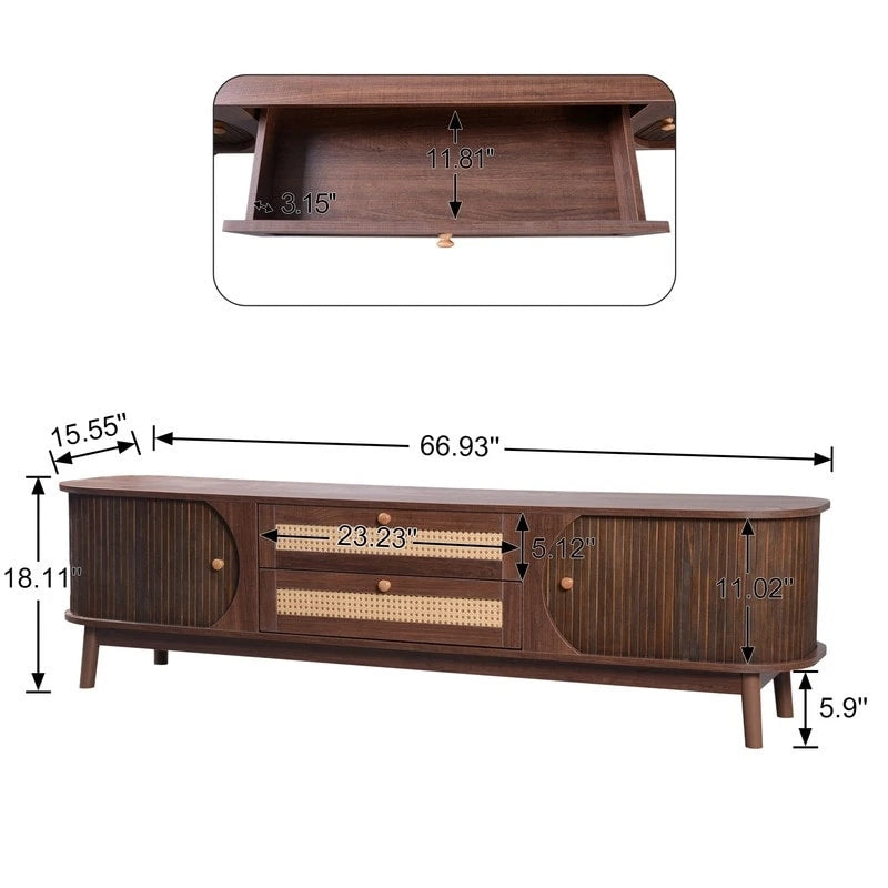 Farmhouse Rattan Drawer TV Stand with Solid Wood Legs Ribbed Doors