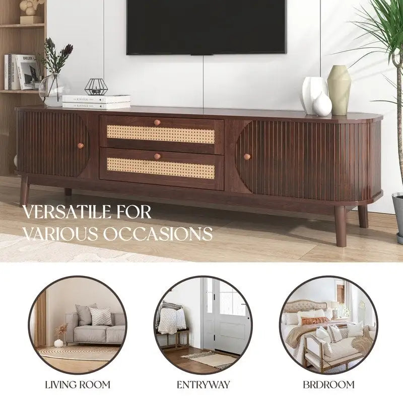 Farmhouse Rattan Drawer TV Stand with Solid Wood Legs Ribbed Doors