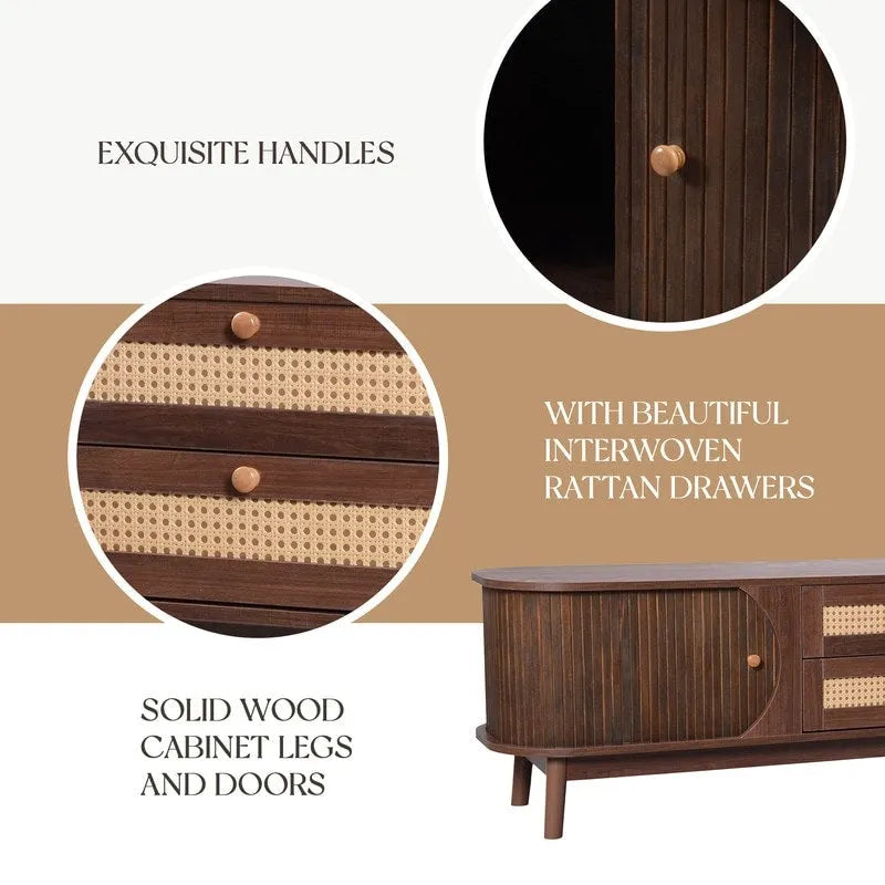 Farmhouse Rattan Drawer TV Stand with Solid Wood Legs Ribbed Doors