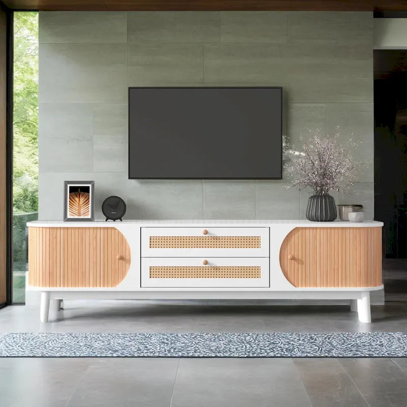 Farmhouse Rattan Drawer TV Stand with Solid Wood Legs Ribbed Doors