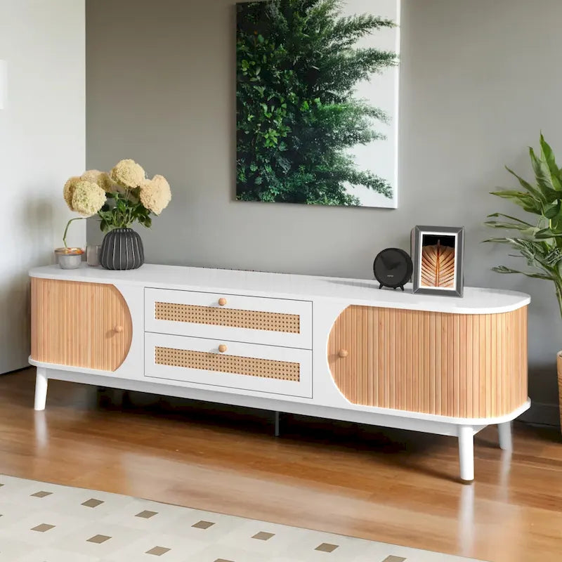 Farmhouse Rattan Drawer TV Stand with Solid Wood Legs Ribbed Doors
