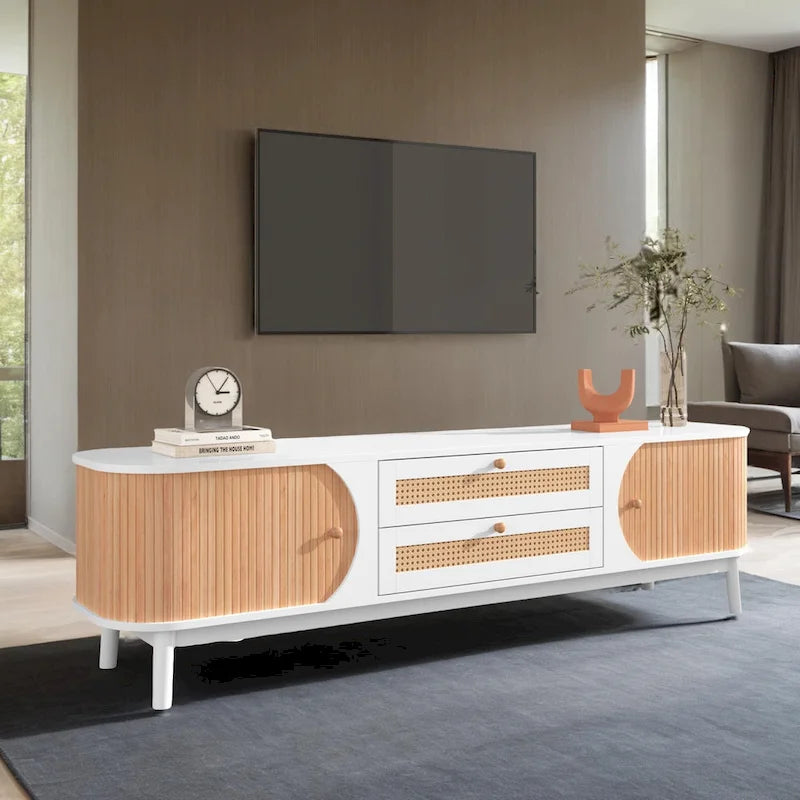Farmhouse Rattan Drawer TV Stand with Solid Wood Legs Ribbed Doors
