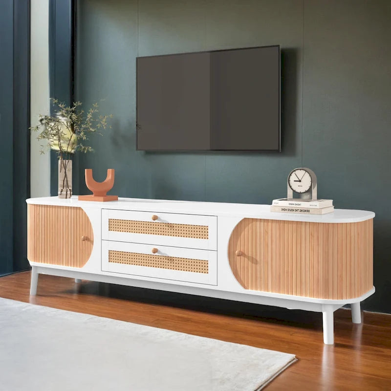 Farmhouse Rattan Drawer TV Stand with Solid Wood Legs Ribbed Doors
