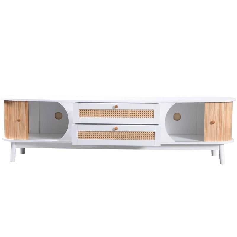 Farmhouse Rattan Drawer TV Stand with Solid Wood Legs Ribbed Doors