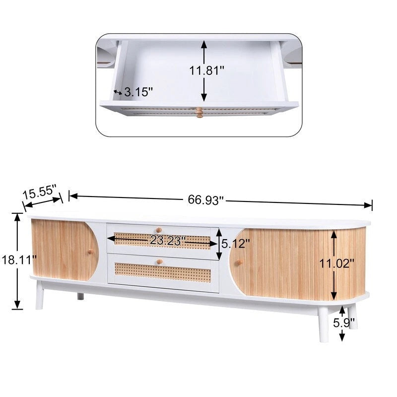 Farmhouse Rattan Drawer TV Stand with Solid Wood Legs Ribbed Doors