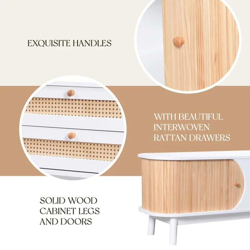 Farmhouse Rattan Drawer TV Stand with Solid Wood Legs Ribbed Doors