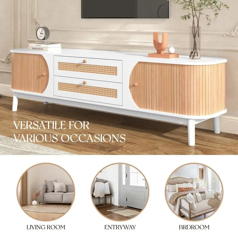 Farmhouse Rattan Drawer TV Stand with Solid Wood Legs Ribbed Doors