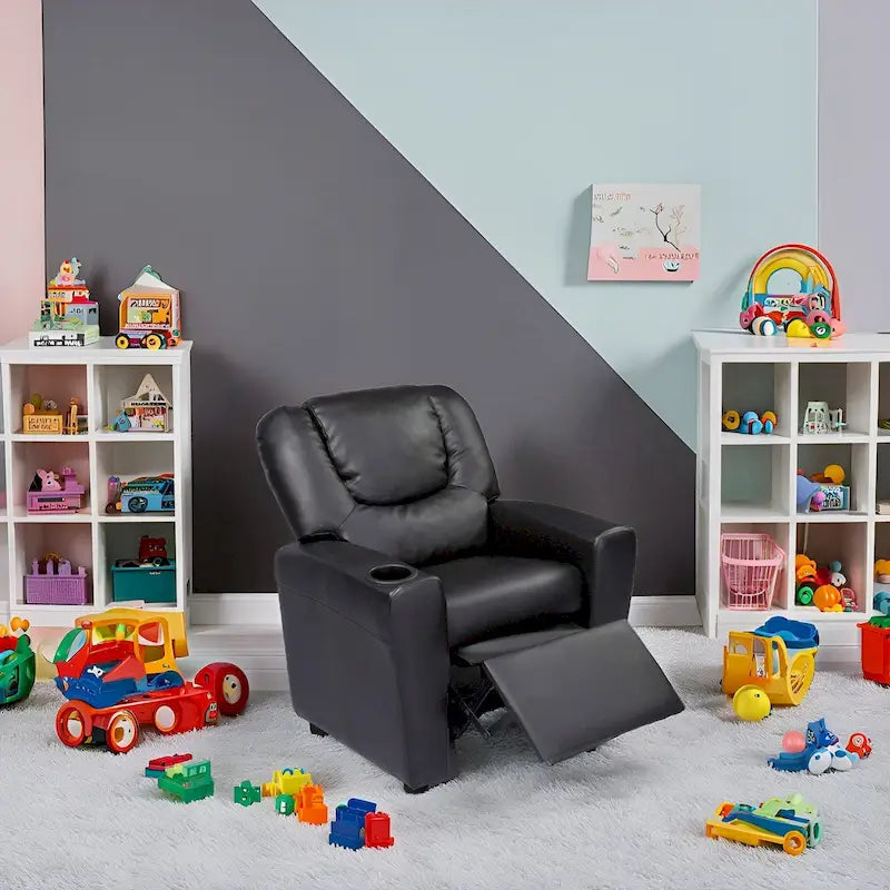 Kids Push-Back Recliner Chair with Cup Holder Padded Headrest Footrest