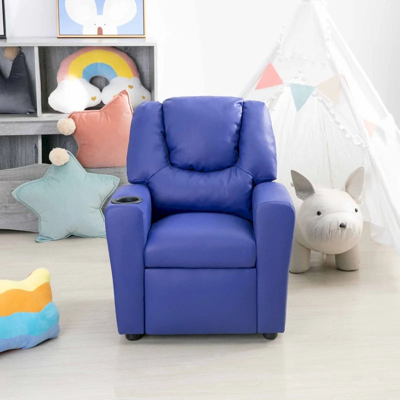 Kids Push-Back Recliner Chair with Cup Holder Padded Headrest Footrest