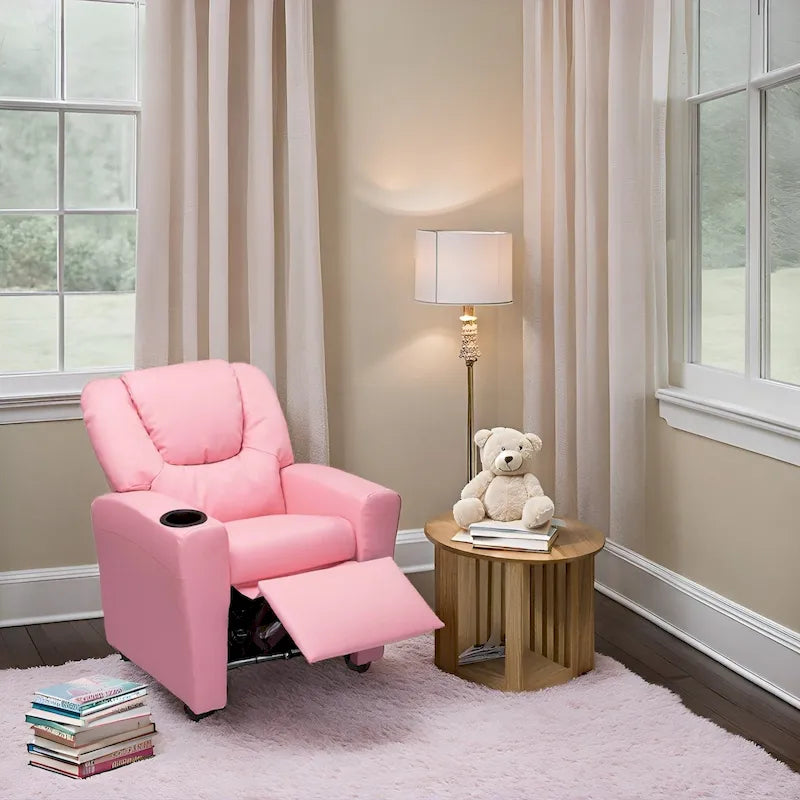 Kids Push-Back Recliner Chair with Cup Holder Padded Headrest Footrest