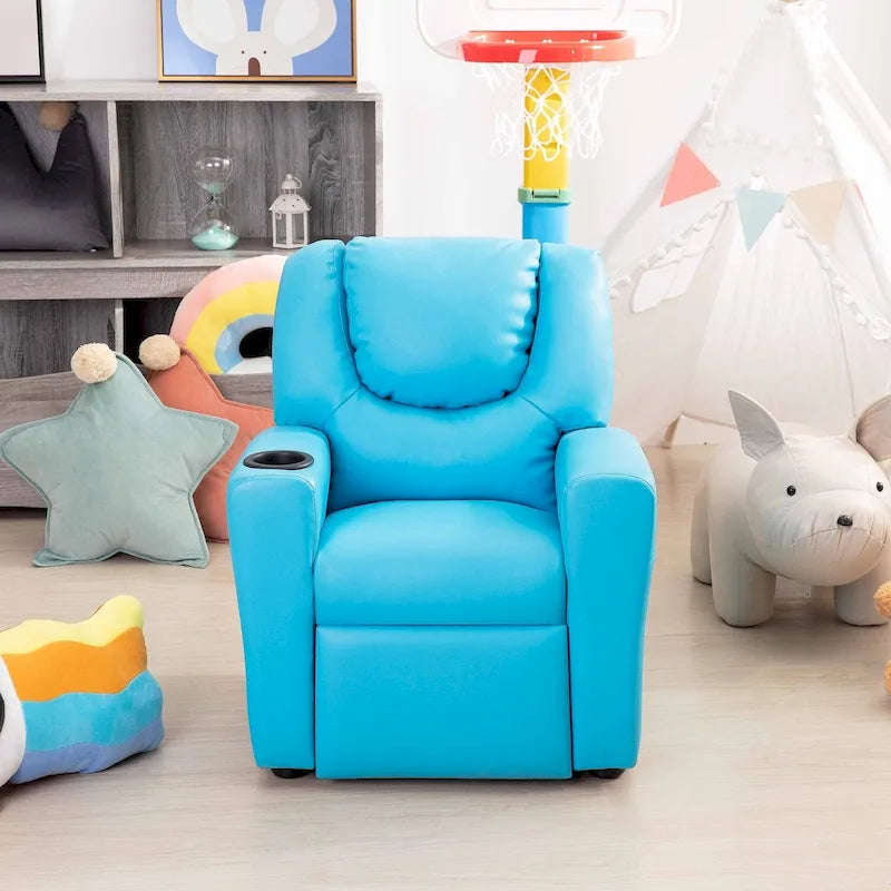 Kids Push-Back Recliner Chair with Cup Holder Padded Headrest Footrest