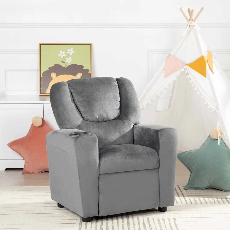 Kids Push-Back Recliner Chair with Cup Holder Padded Headrest Footrest