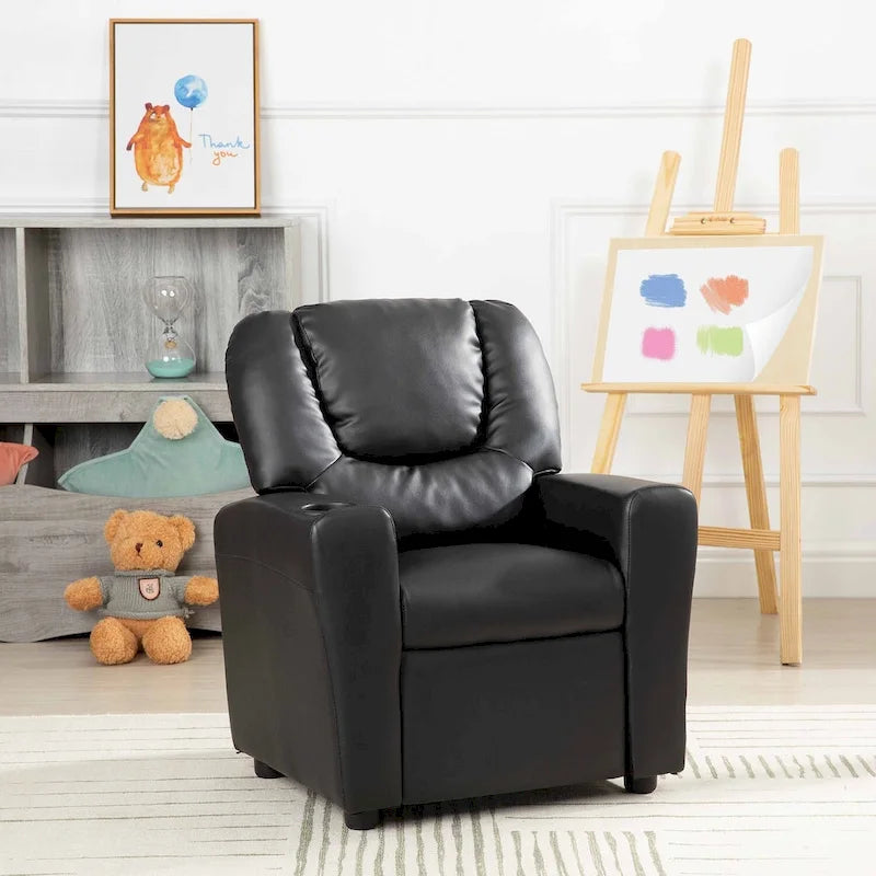 Kids Push-Back Recliner Chair with Cup Holder Padded Headrest Footrest
