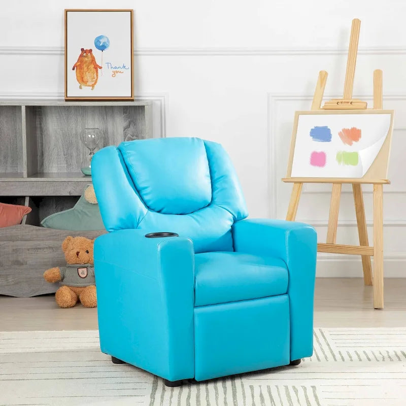 Kids Push-Back Recliner Chair with Cup Holder Padded Headrest Footrest