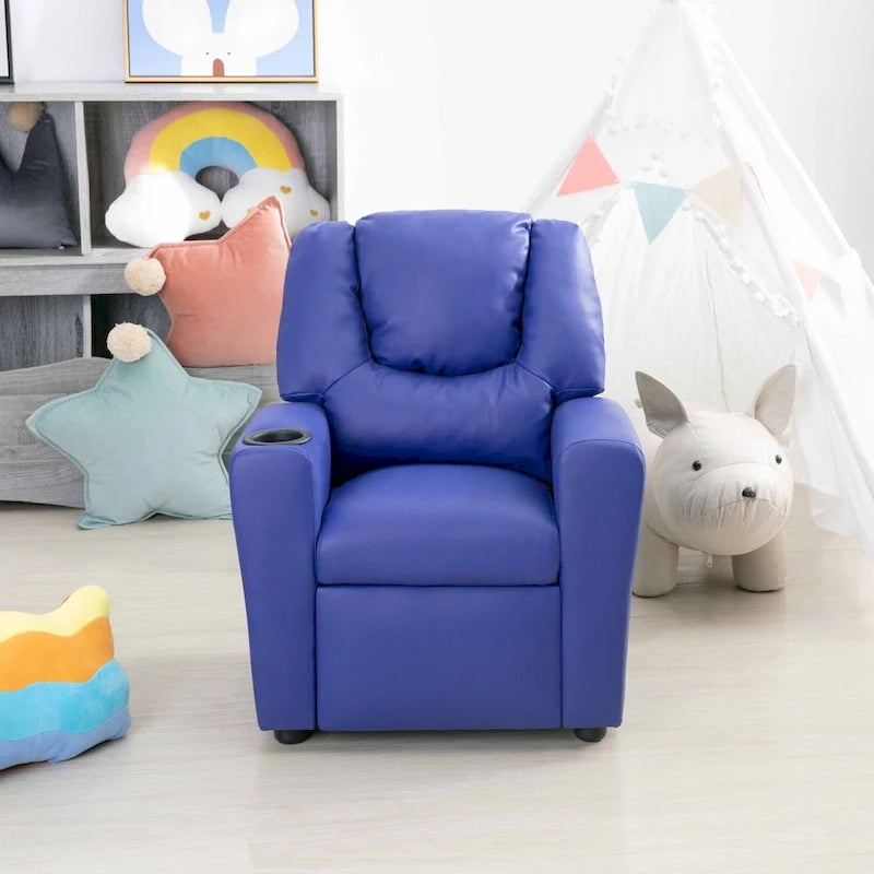 Kids Push-Back Recliner Chair with Cup Holder Padded Headrest Footrest