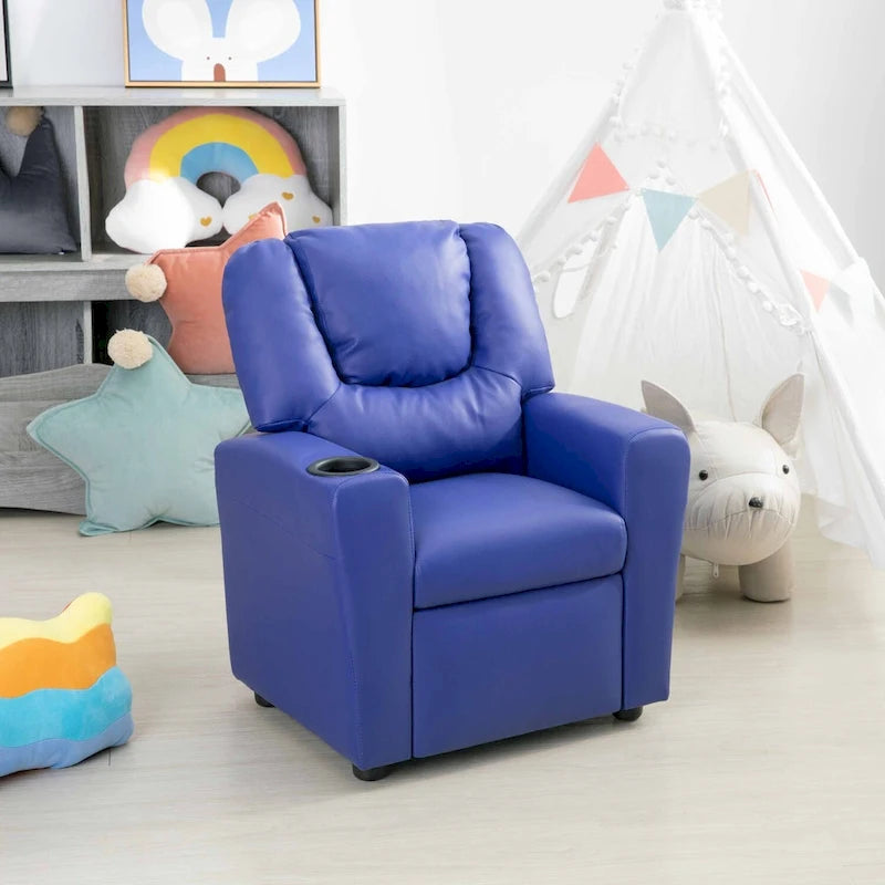 Kids Push-Back Recliner Chair with Cup Holder Padded Headrest Footrest