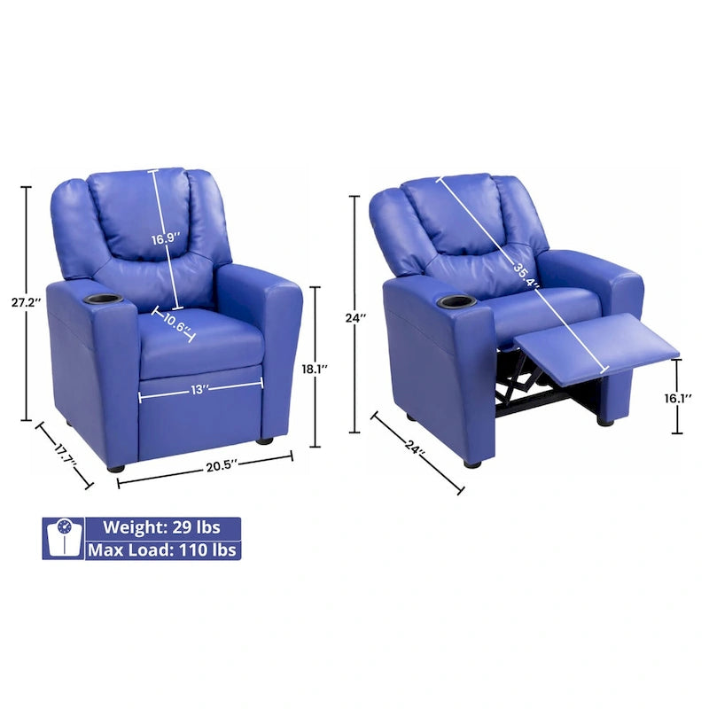 Kids Push-Back Recliner Chair with Cup Holder Padded Headrest Footrest