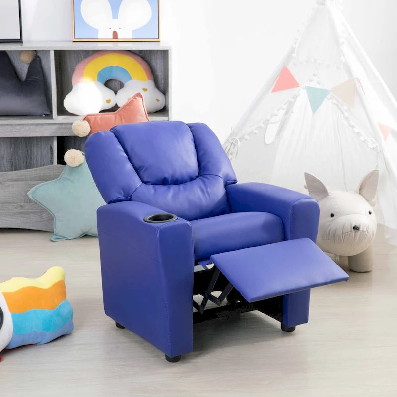Kids Push-Back Recliner Chair with Cup Holder Padded Headrest Footrest