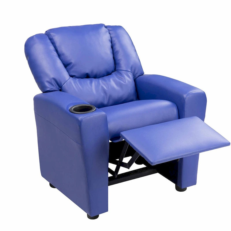 Kids Push-Back Recliner Chair with Cup Holder Padded Headrest Footrest
