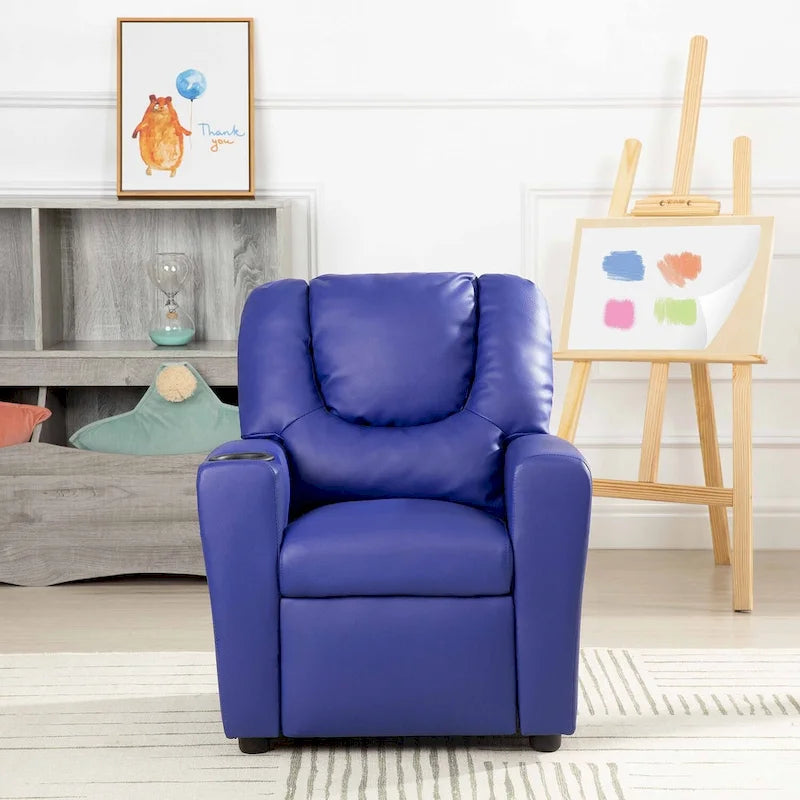 Kids Push-Back Recliner Chair with Cup Holder Padded Headrest Footrest