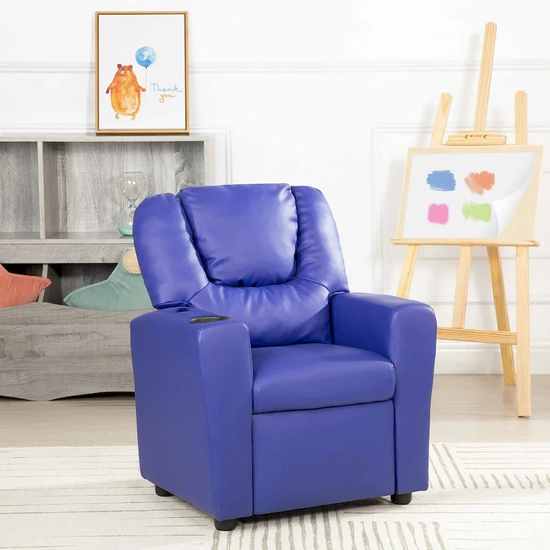 Kids Push-Back Recliner Chair with Cup Holder Padded Headrest Footrest