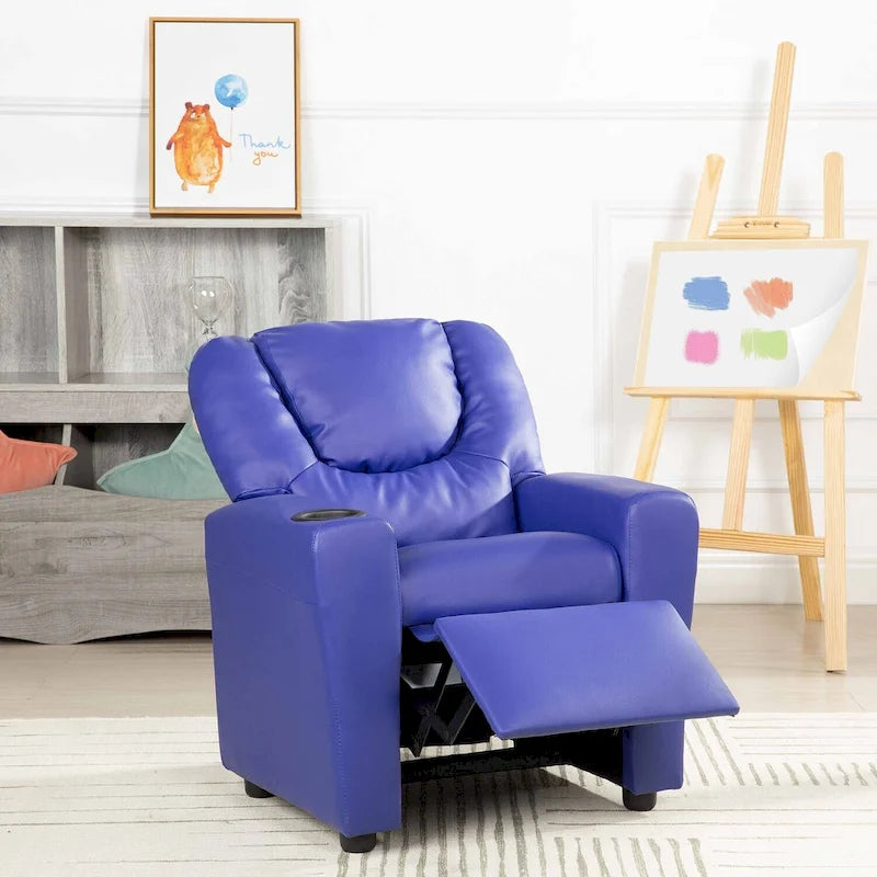 Kids Push-Back Recliner Chair with Cup Holder Padded Headrest Footrest