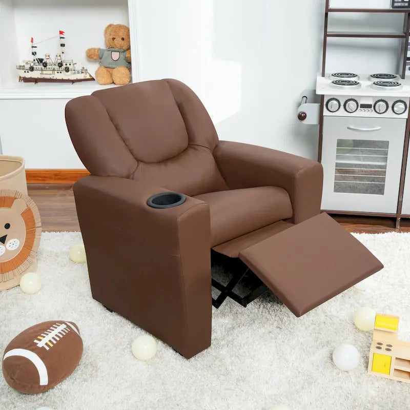Kids Push-Back Recliner Chair with Cup Holder Padded Headrest Footrest