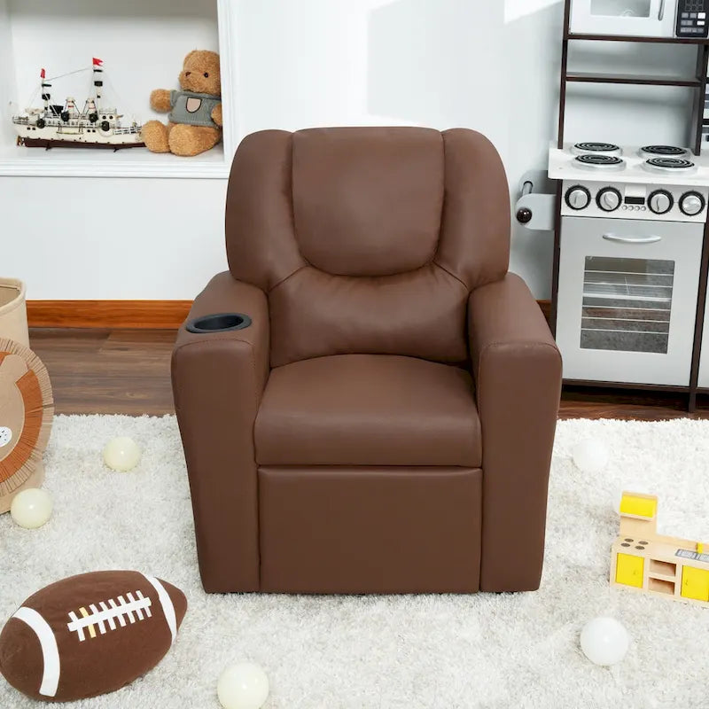 Kids Push-Back Recliner Chair with Cup Holder Padded Headrest Footrest