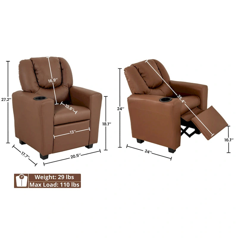 Kids Push-Back Recliner Chair with Cup Holder Padded Headrest Footrest