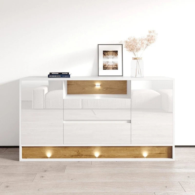 High Gloss Sideboard Buffet with LED Lighting Oak Accent Drawers Two Doors