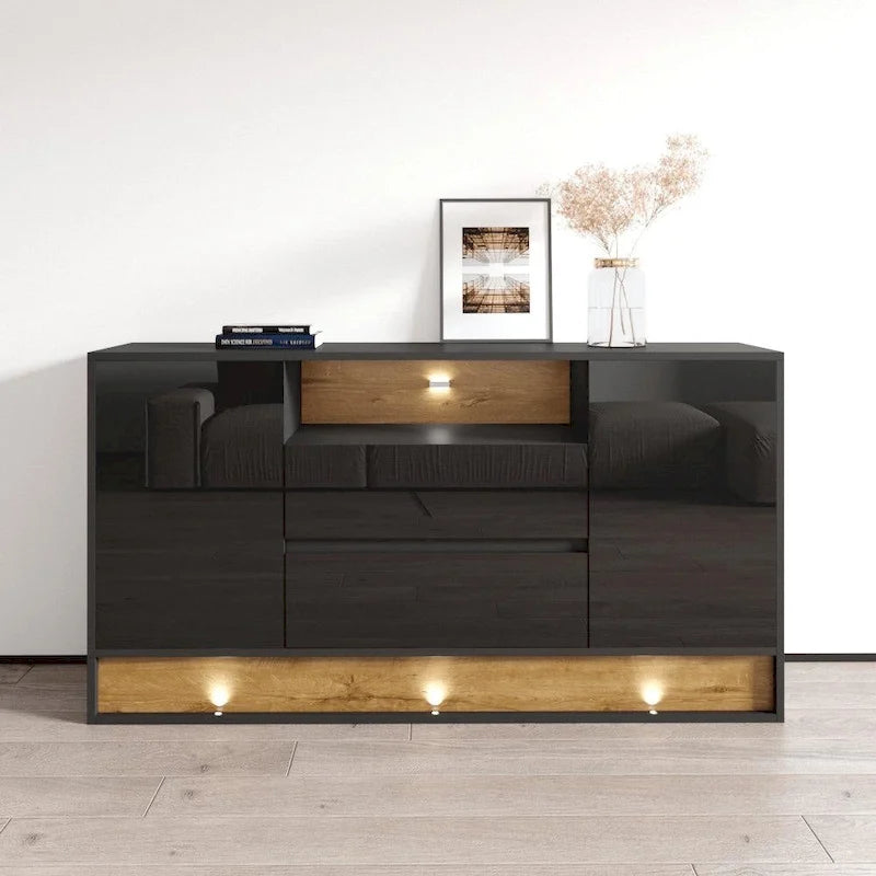 High Gloss Sideboard Buffet with LED Lighting Oak Accent Drawers Two Doors