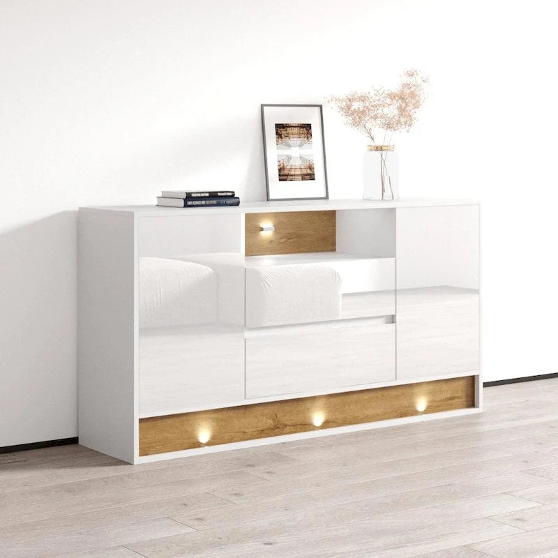 High Gloss Sideboard Buffet with LED Lighting Oak Accent Drawers Two Doors