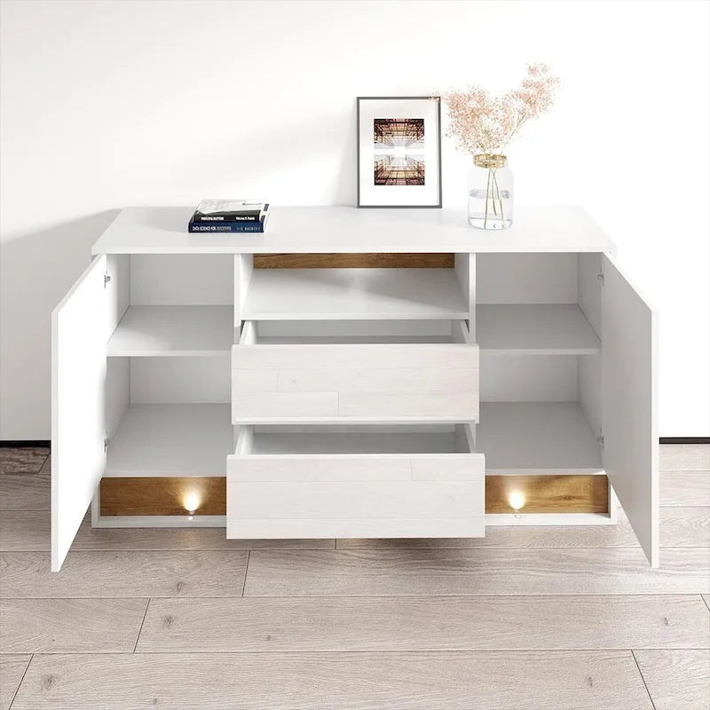 High Gloss Sideboard Buffet with LED Lighting Oak Accent Drawers Two Doors