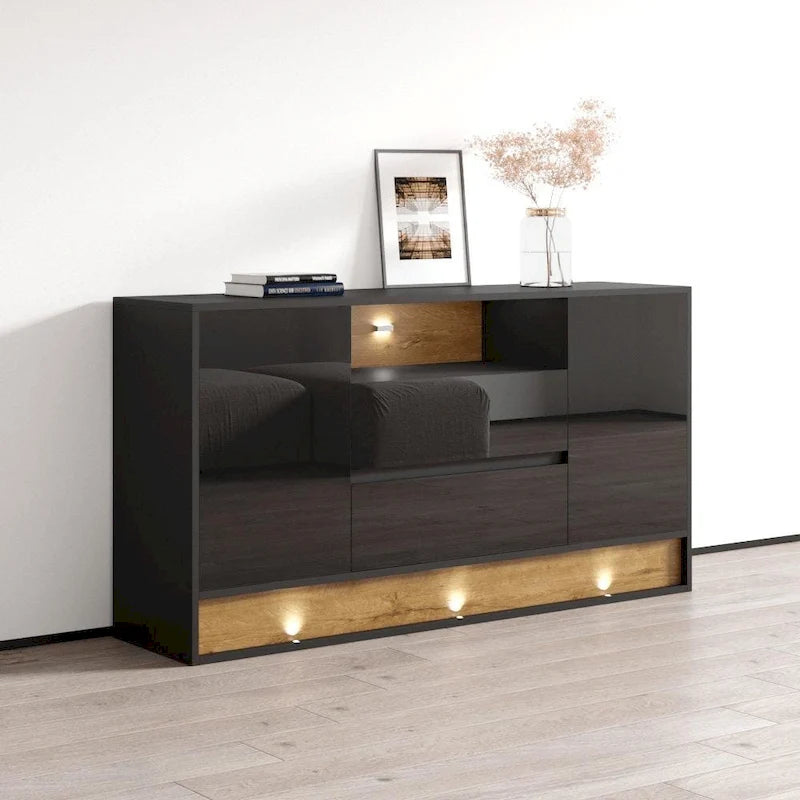 High Gloss Sideboard Buffet with LED Lighting Oak Accent Drawers Two Doors