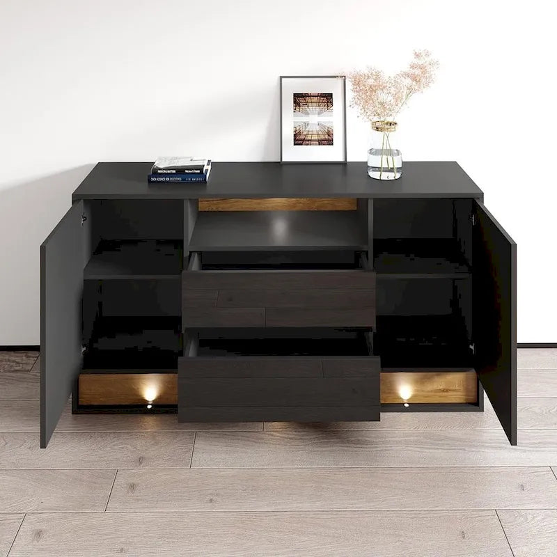 High Gloss Sideboard Buffet with LED Lighting Oak Accent Drawers Two Doors