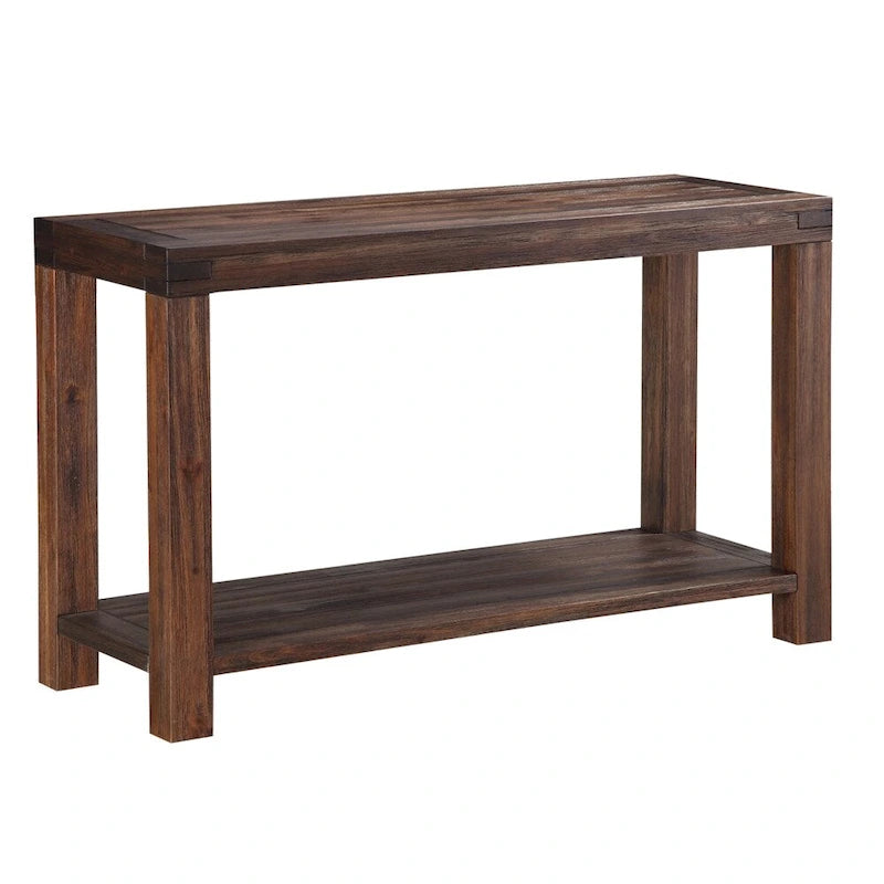 Solid Acacia Wood Console Table Open Lower Shelf Exposed Mortise Brick Brown