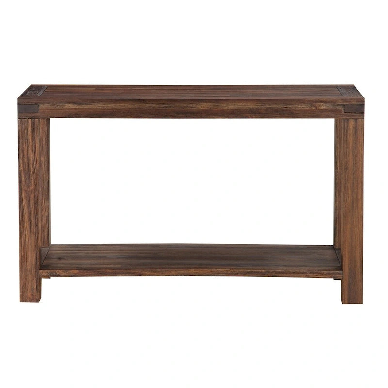 Solid Acacia Wood Console Table Open Lower Shelf Exposed Mortise Brick Brown