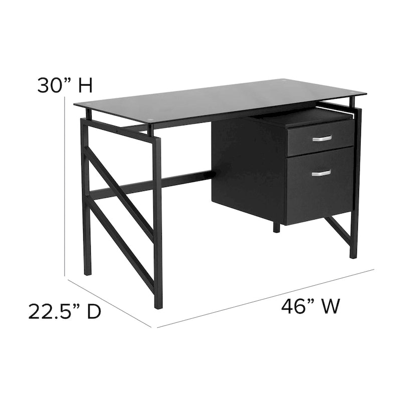 Tempered Glass Top Computer Desk with Hanging Box and File Pedestal Black