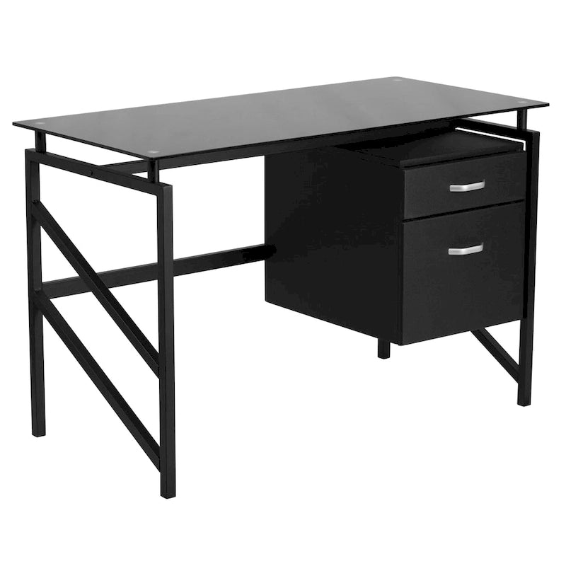Tempered Glass Top Computer Desk with Hanging Box and File Pedestal Black
