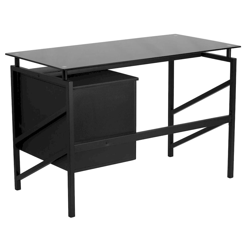 Tempered Glass Top Computer Desk with Hanging Box and File Pedestal Black