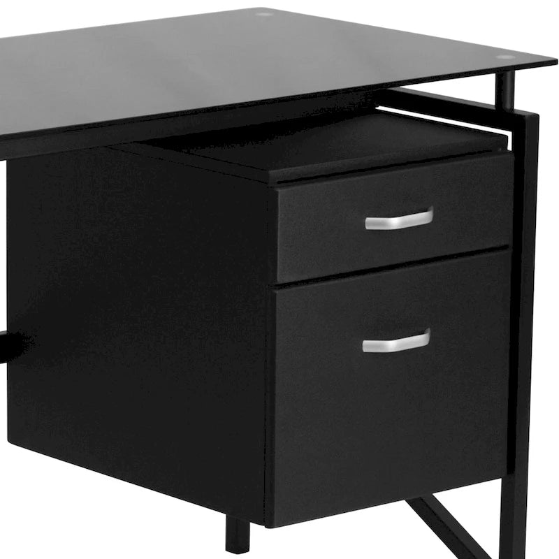 Tempered Glass Top Computer Desk with Hanging Box and File Pedestal Black
